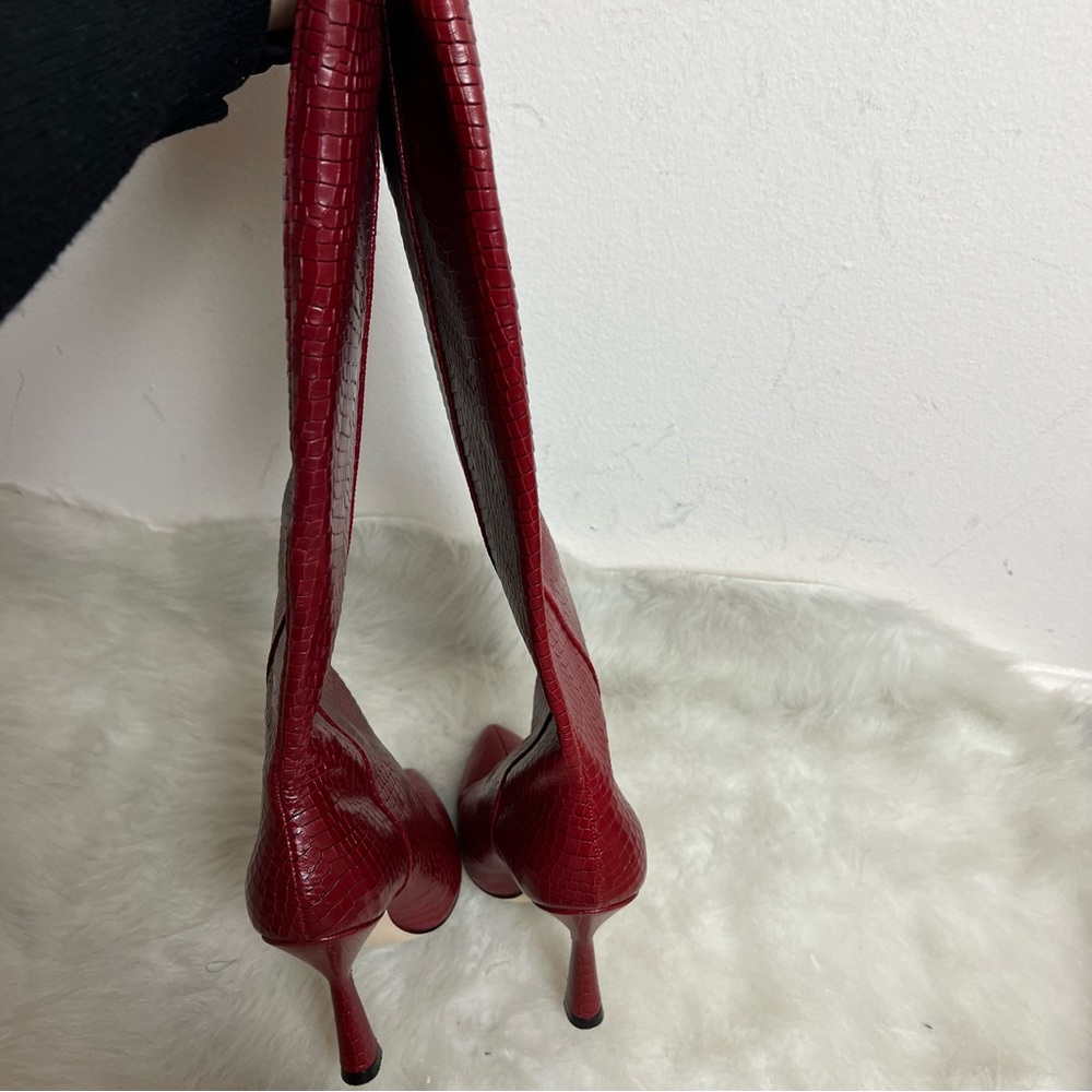 Stuart Weitzman Parton Red Croc Snakeskin Leather Tall Heel Boots - Picture 12 of 14